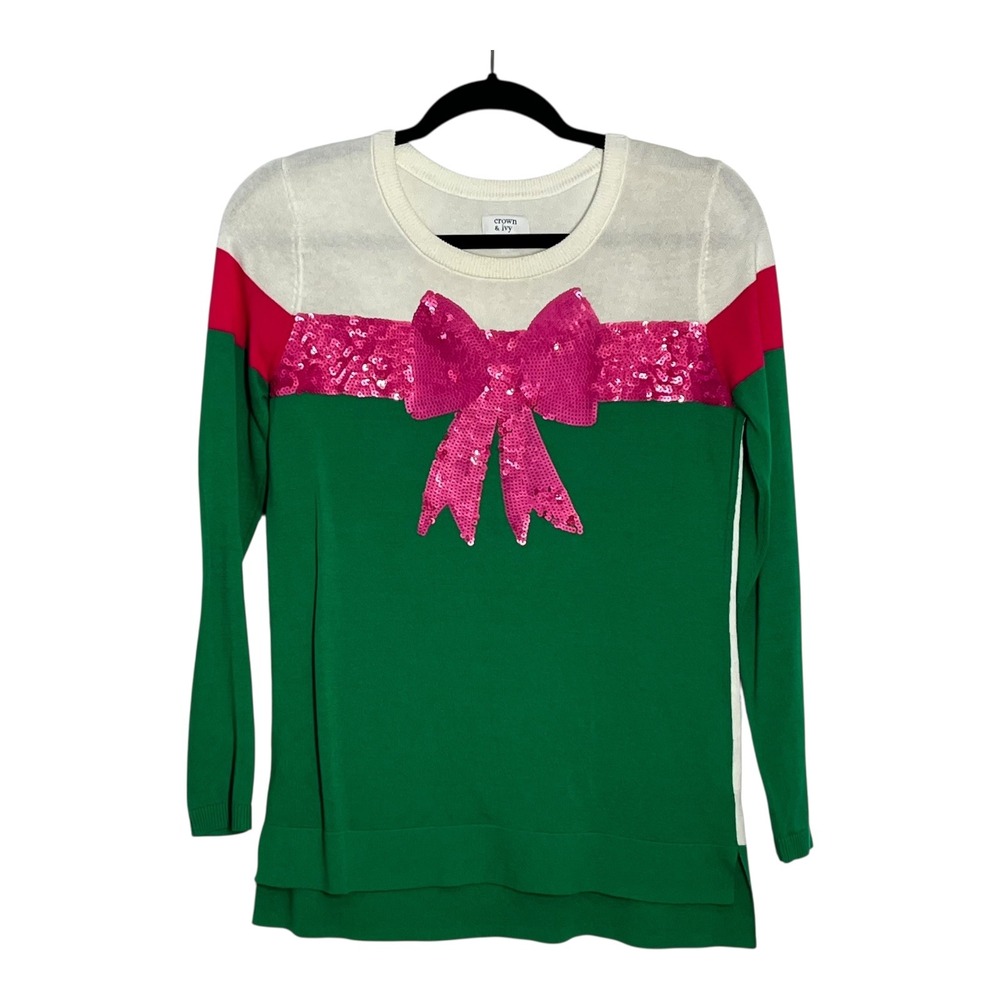 Crown & Ivy Womens‎ XS Green White Pink Sequin Bow Holiday Sweater Colorblock